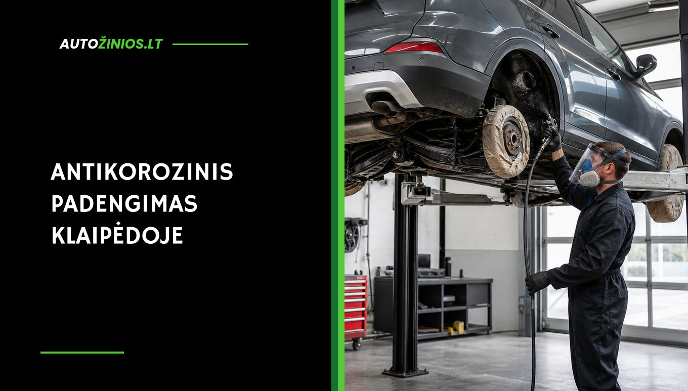 Meistras ant keltuvo pakelto automobilio dugną profesionaliai dengia antikorozine medžiaga