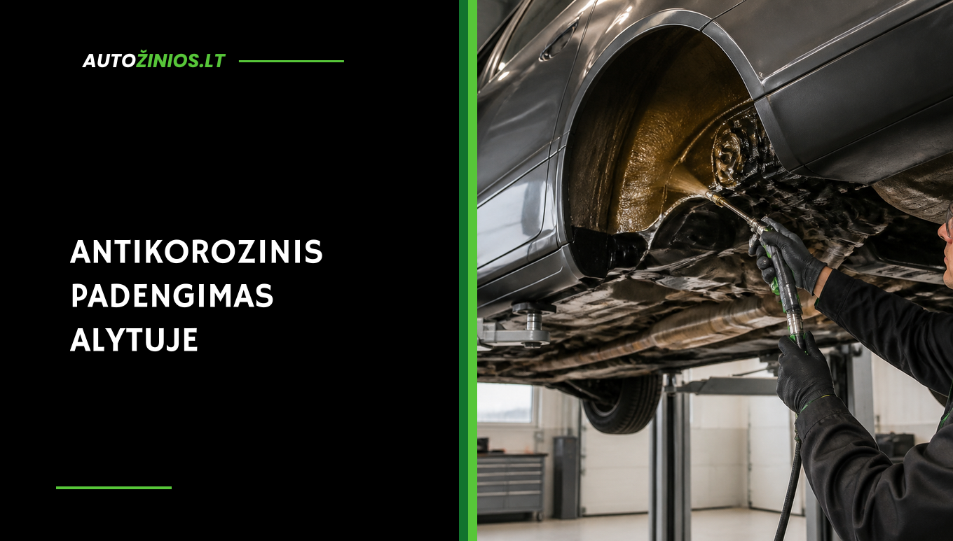 Meistras autoservise antikorozine medžiaga purškia pakelto automobilio dugną ir ratų arką