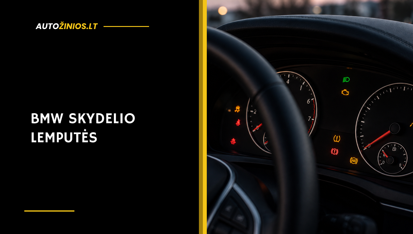 BMW prietaisų skydelis su raudonomis, geltonomis, žaliomis ir mėlynomis lemputėmis