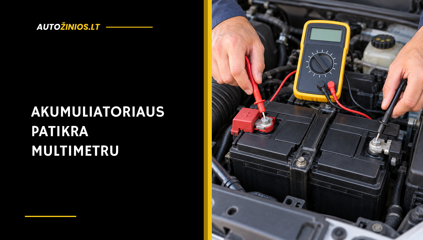 Multimetru tikrinama 12 V automobilio akumuliatoriaus įtampa po atidarytu kapotu