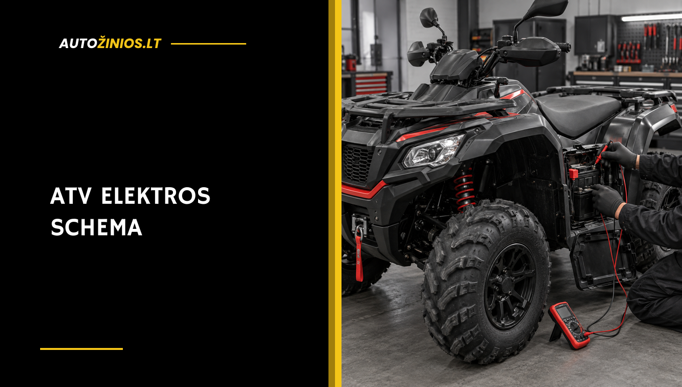 Mechanikas multimetru tikrina juodo ir raudono ATV keturračio akumuliatorių