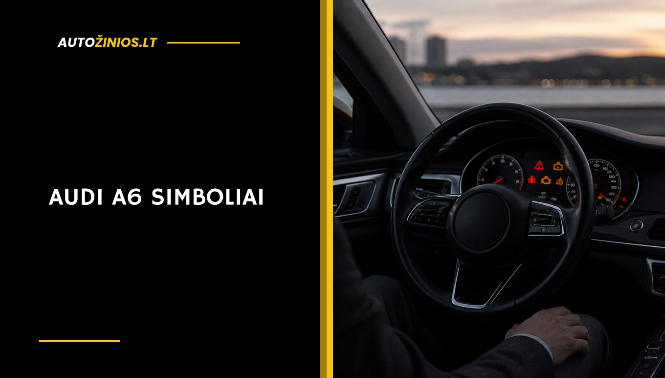 Automobilio vairuotojo vieta ir prietaisų skydelyje matomi raudoni bei geltoni įspėjamieji simboliai