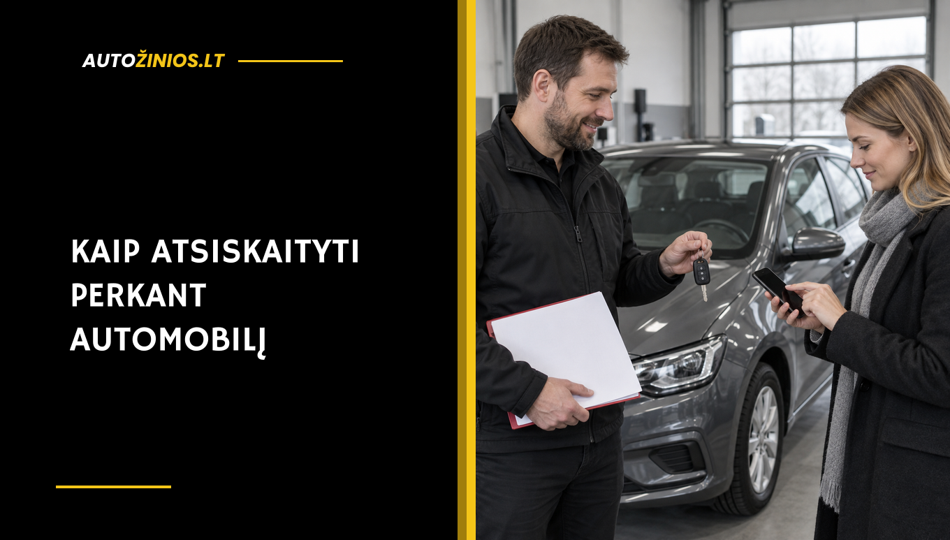 Pirkėja banko programėlėje tikrina pavedimą, o pardavėjas prie automobilio laiko raktą ir sutartį