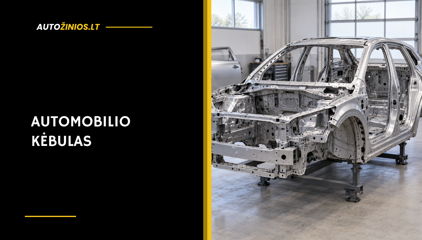 Neužbaigtas metalinis automobilio kėbulas remonto dirbtuvėse