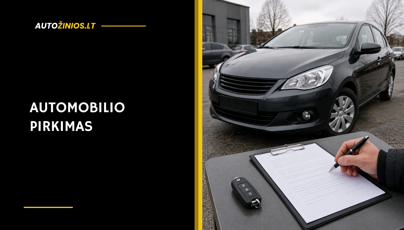 Naudotas automobilis prie pirkimo dokumento, rašiklio ir raktelio – originali automobilio pirkimo iliustracija