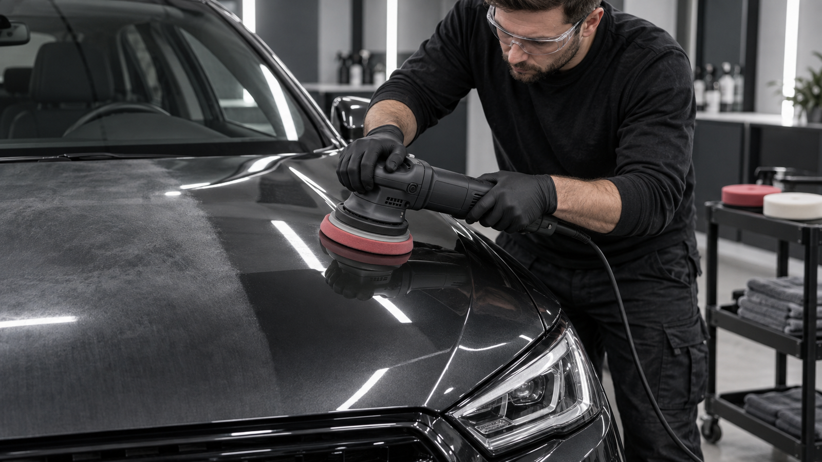 Automobilio kapotą dvigubo veikimo mašinėle poliruojantis meistras dirbtuvėse