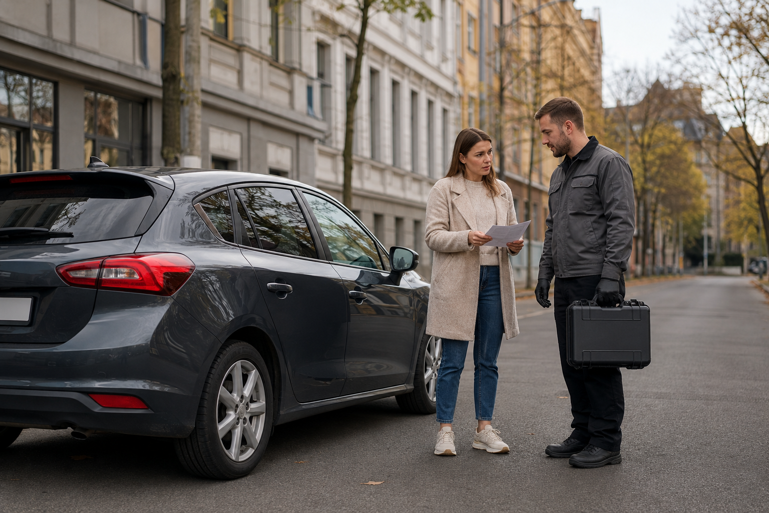 Automobilio savininkė Kaune rodo dokumentus atvykusiam avarinio atrakinimo meistrui