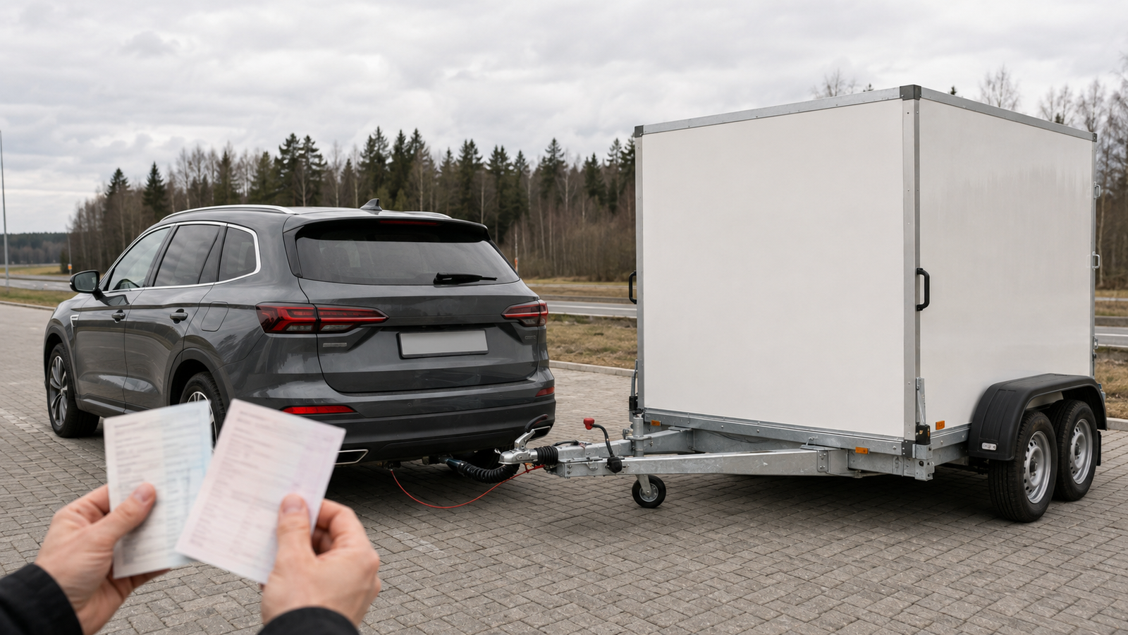 Lengvasis automobilis su dviejų ašių stabdoma priekaba ir vairuotojo rankose laikomais registracijos dokumentais