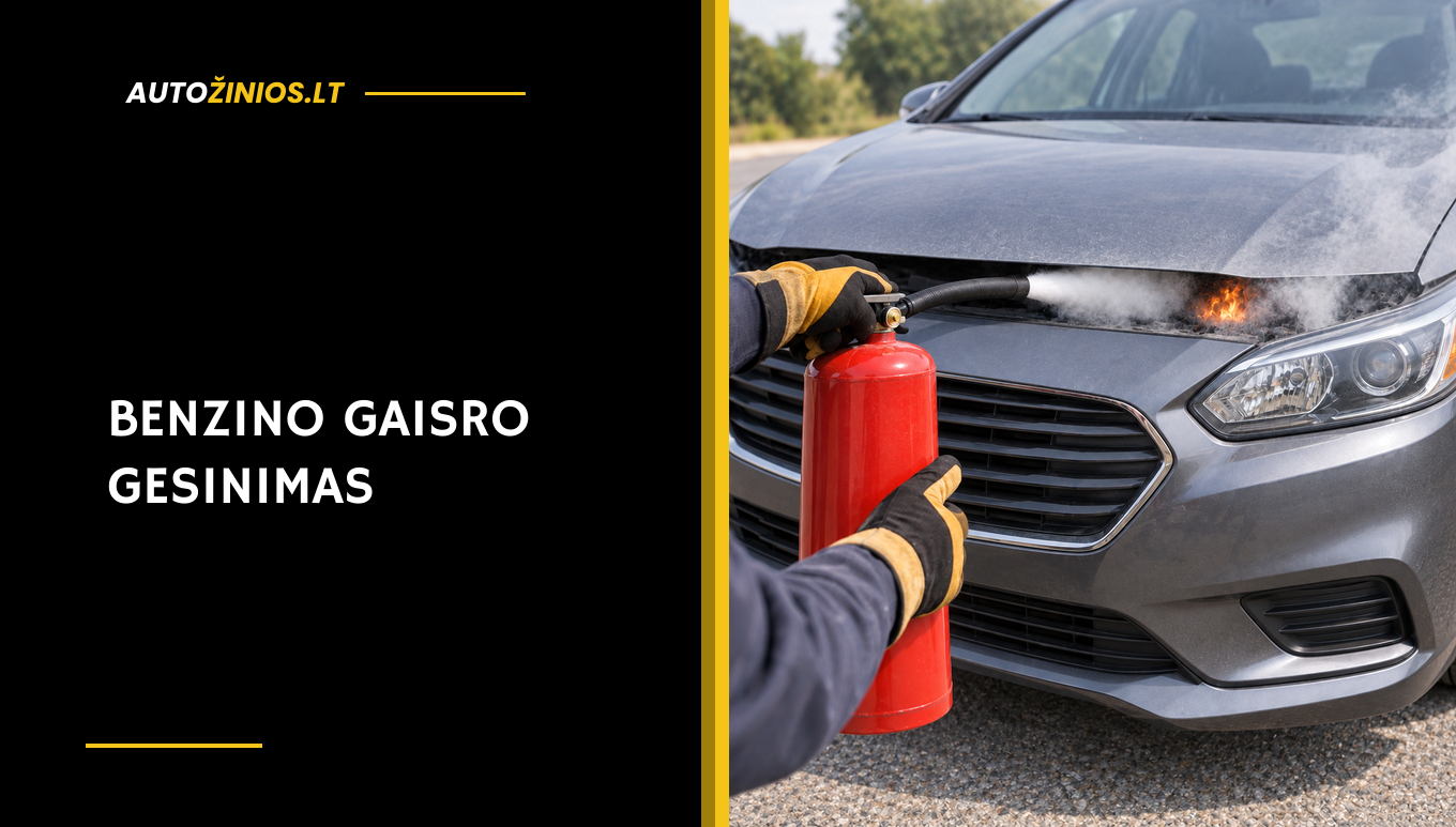 Vairuotojas gesintuvu gesina nedidelę liepsną pro vos pravertą automobilio variklio dangtį