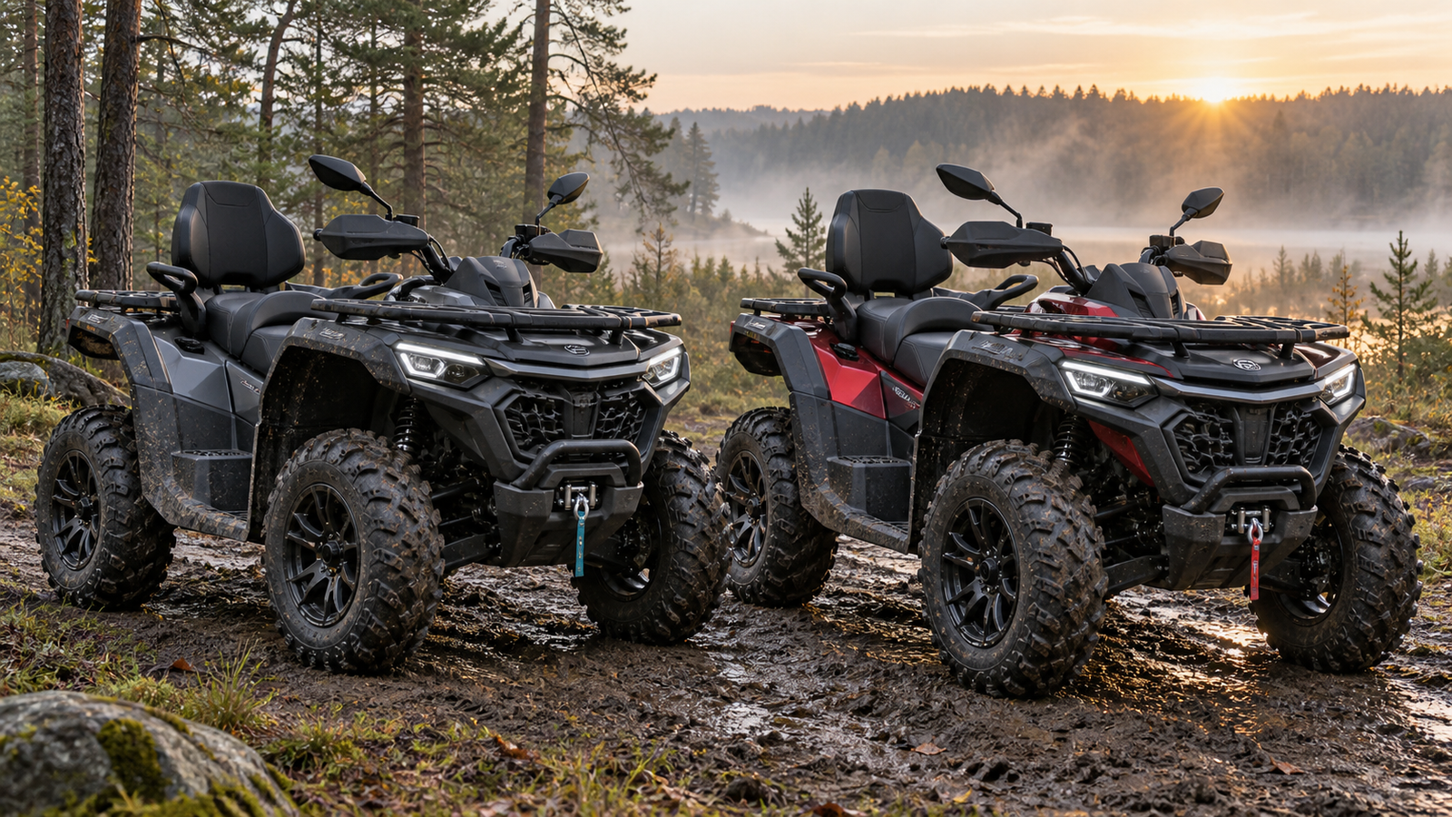 Du modernūs turistiniai keturračiai miško trasoje – CFMOTO CFORCE 850 ir 1000 G3 palyginimo iliustracija
