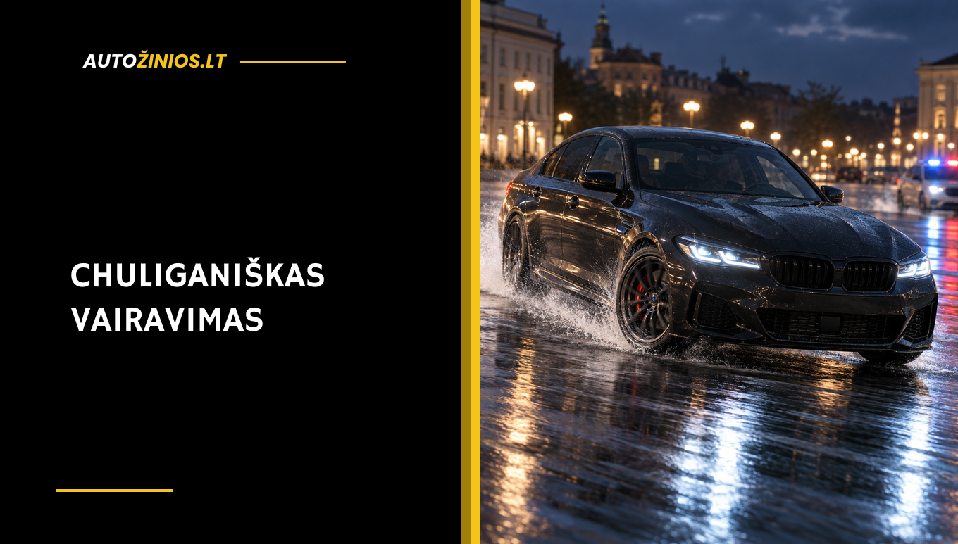 Tamsus automobilis slysta šlapioje miesto aikštelėje, o tolumoje matyti policijos automobilis