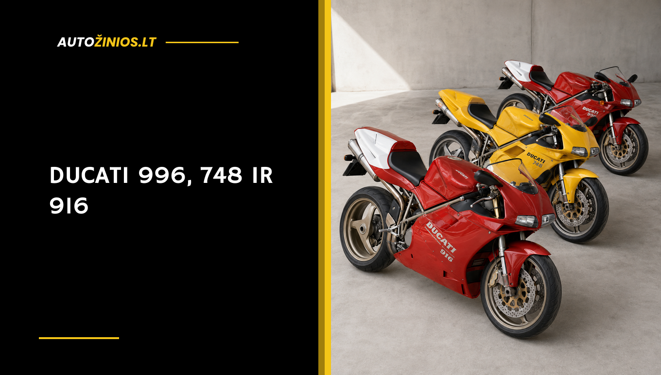 Ducati 916, 748 ir 996 motociklai garaže - originali redakcinė palyginimo iliustracija