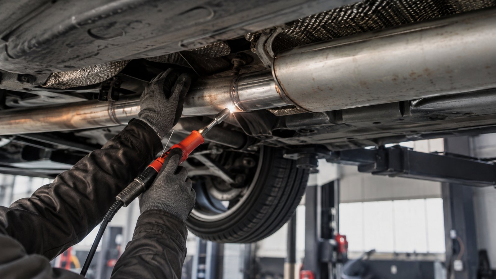 Meistras autoservise tikrina ir virina automobilio išmetimo vamzdį prie duslintuvo