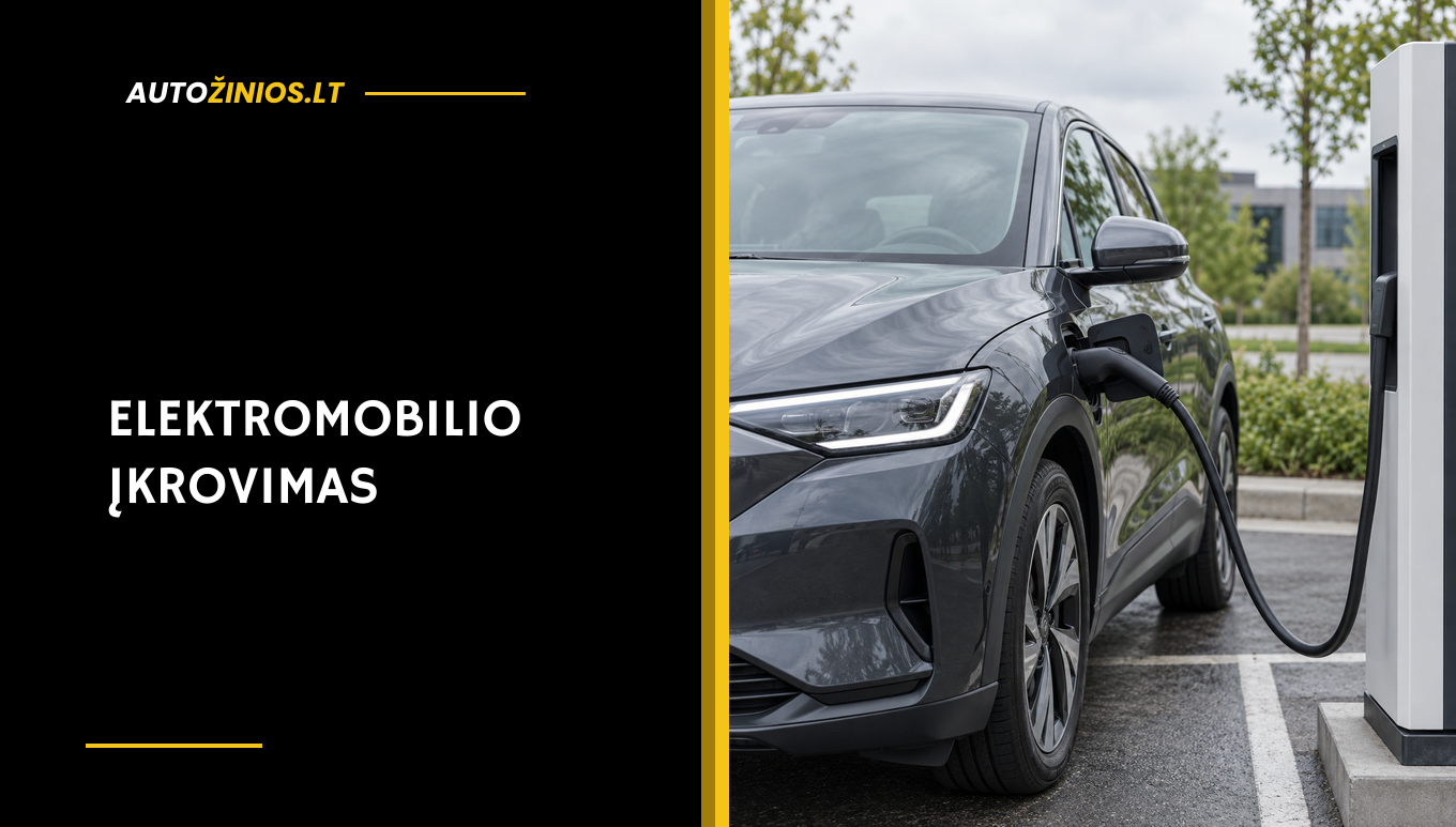 Tamsiai pilkas elektromobilis prijungtas prie viešos įkrovimo stotelės