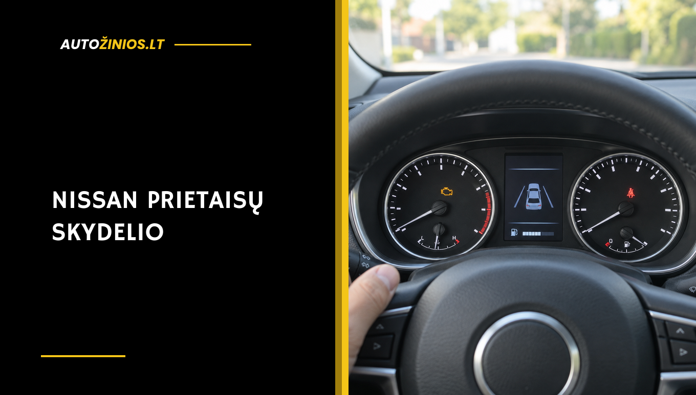 Automobilio prietaisų skydelis su raudona ir gintarine įspėjamąja lempute