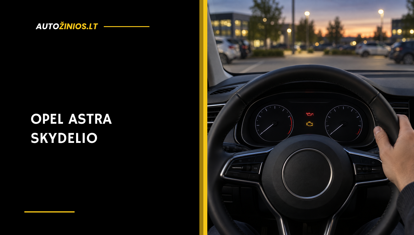 Opel Astra vairuotojo matomas prietaisų skydelis su alyvos ir variklio perspėjimo lemputėmis
