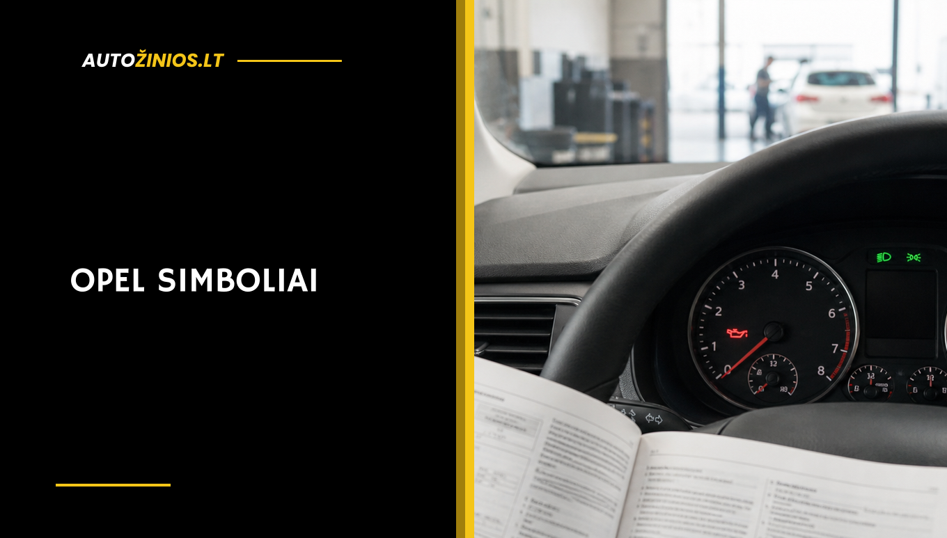 Vairuotojas laiko automobilio vadovą prie analoginio prietaisų skydelio su raudona ir geltona įspėjimo lemputėmis