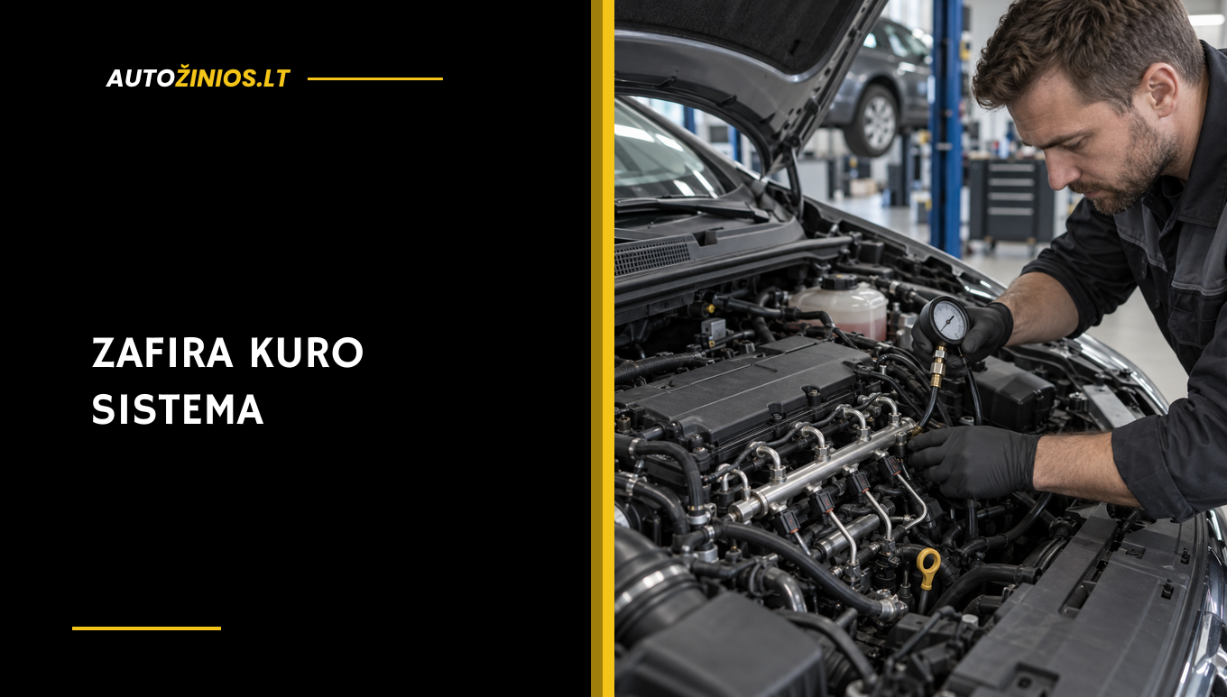 Mechanikas servise tikrina automobilio kuro magistralę diagnostiniu slėgio įrankiu