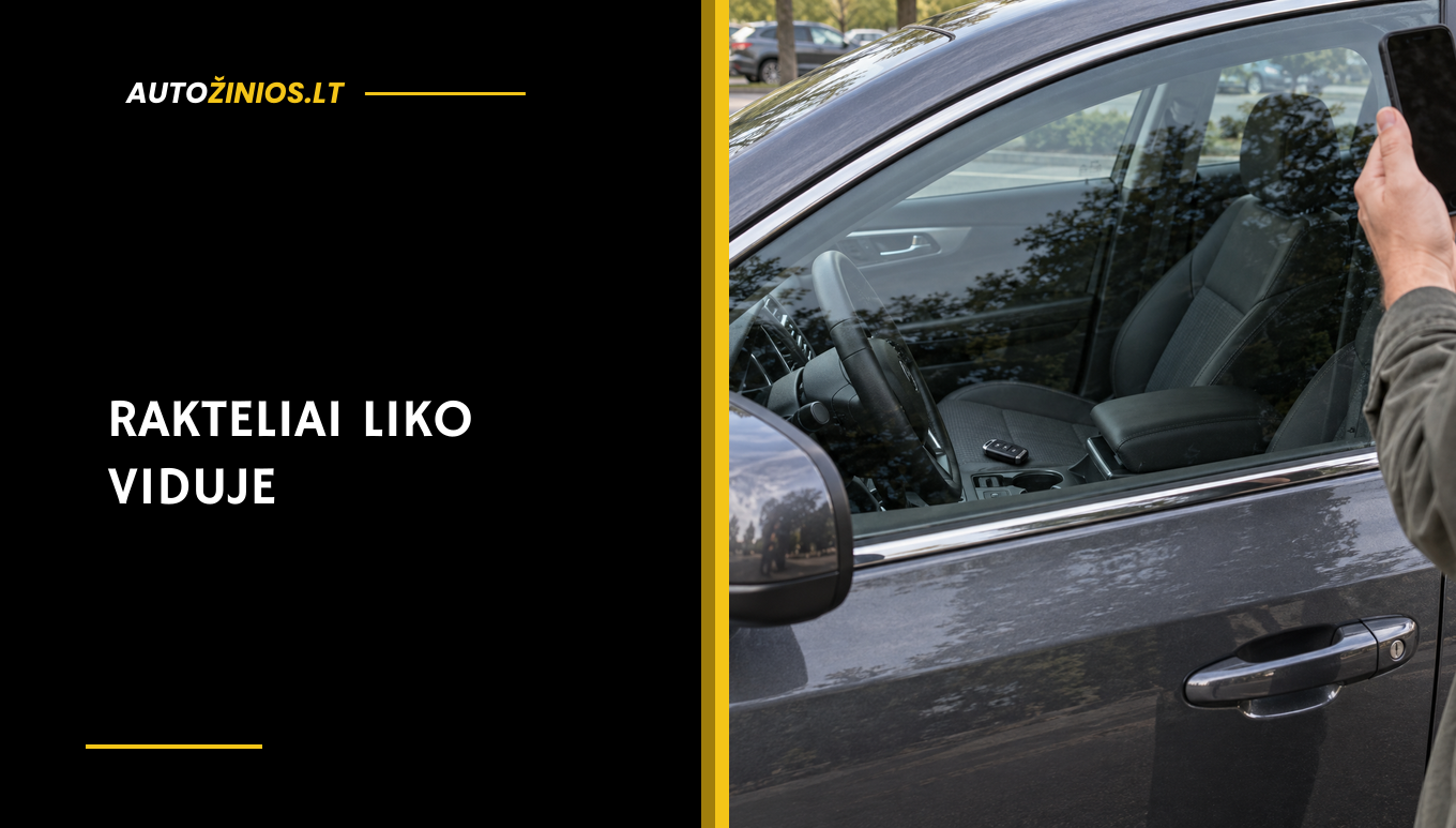 Užrakinto automobilio salone matomi rakteliai, o vairuotojas telefonu kviečia pagalbą
