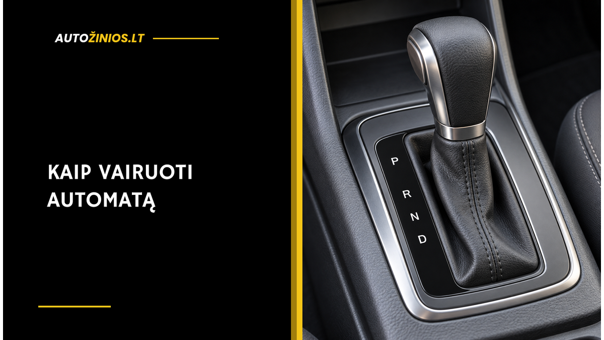 Automatinės pavarų dėžės juoda svirtis su P R N D žymomis automobilio centrinėje konsolėje