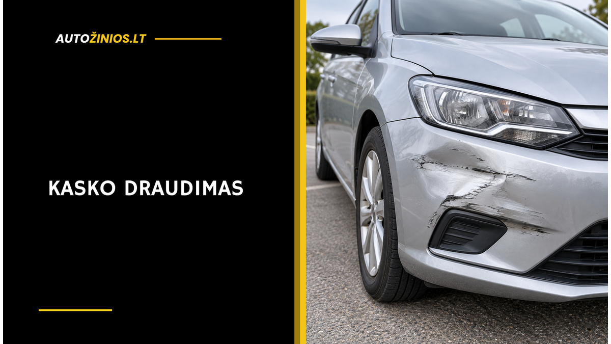 Stovinčio sidabrinio automobilio priekinis kampas su įlenktu ir nubraižytu bamperiu