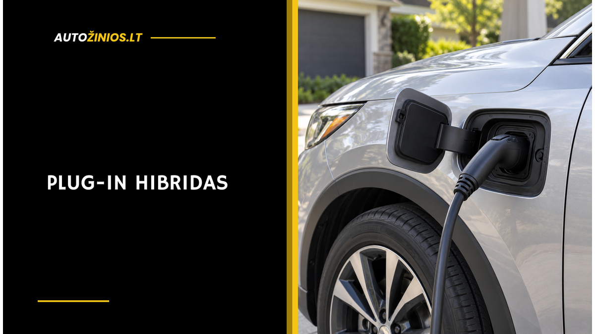Sidabrinio automobilio atidarytas įkrovimo dangtelis ir į lizdą įstatyta juoda įkrovimo jungtis