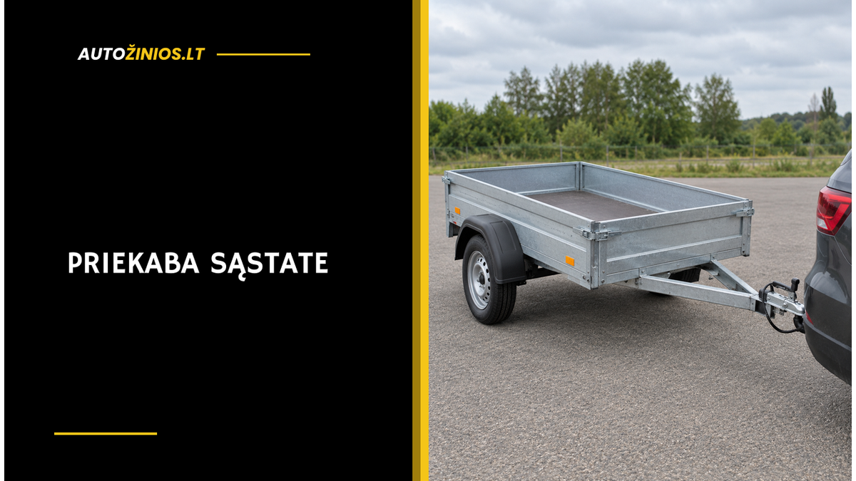 Galvanizuota vienaašė priekaba sugrąžulu sukabinta su pilkoautomobilio galine dalimi – iliustracija