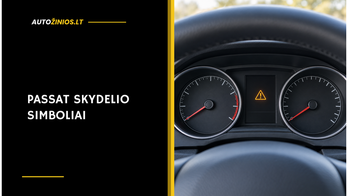 Bendro pobūdžio stovinčio automobilio prietaisų skydelio iliustracija su geltonu įspėjamuoju trikampiu